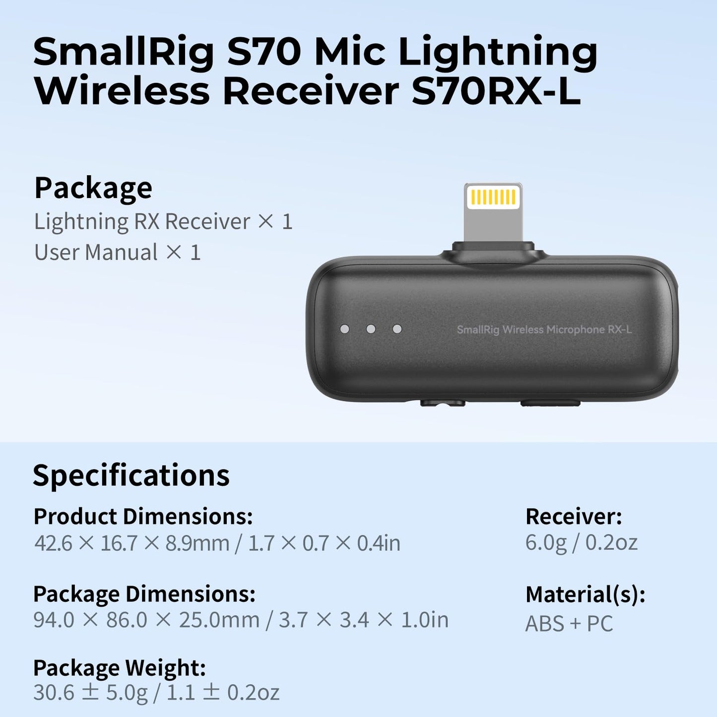 SMALLRIG S70 Mic Lightning Wireless Receiver S70RX-L for iPhone/for iPad, Professionally Tuned by Grammy Winner for Broadcast-Quality Sound in Vlogging, Live Streaming & Content Creation (Black)