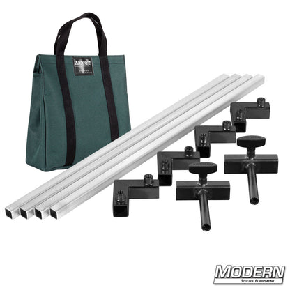 Film production frame kit showing aluminum tubes, ears, and connectors laid out with green bag