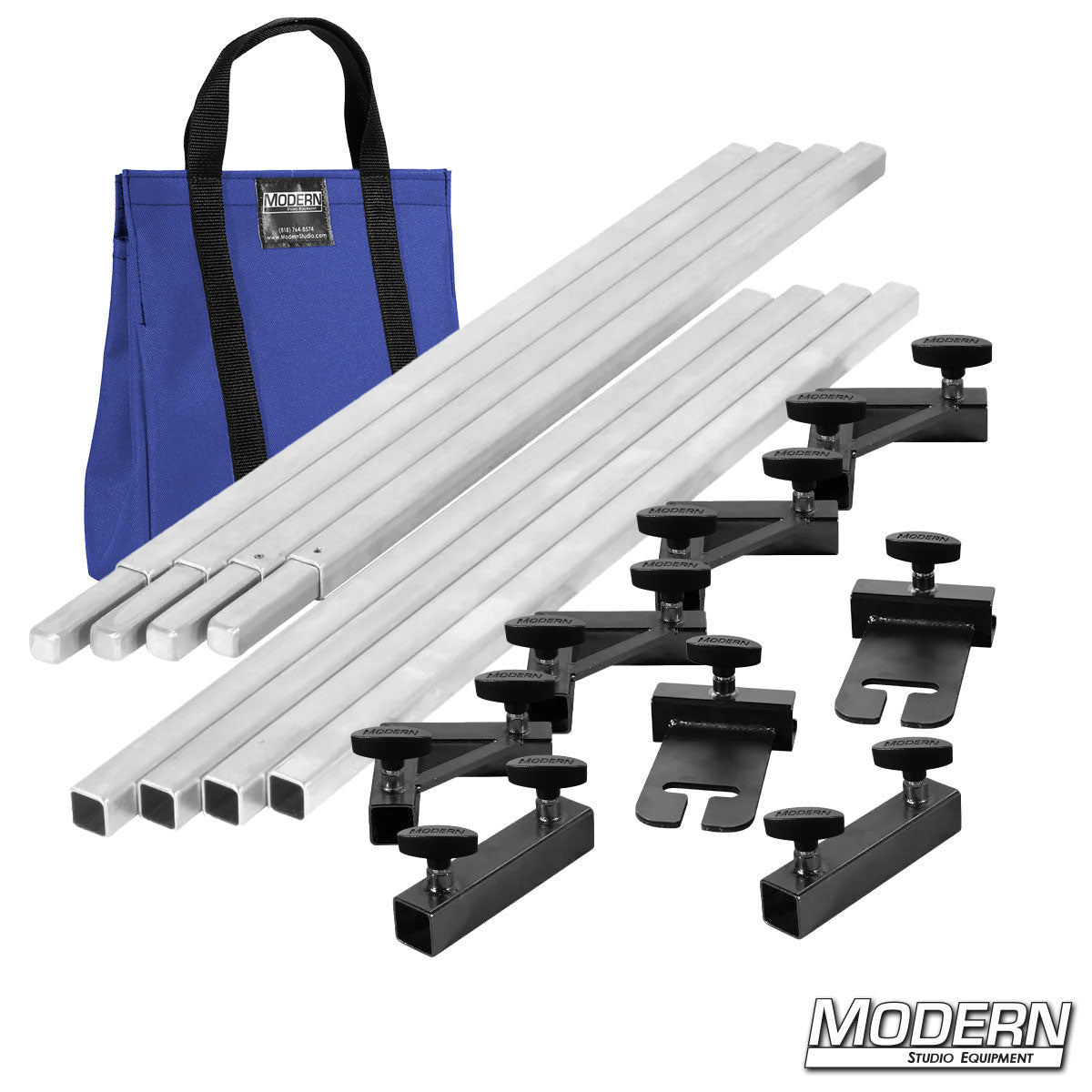 Film production 8 x 8 frame kit showing aluminum tubes, ears, and connectors laid out blue bag