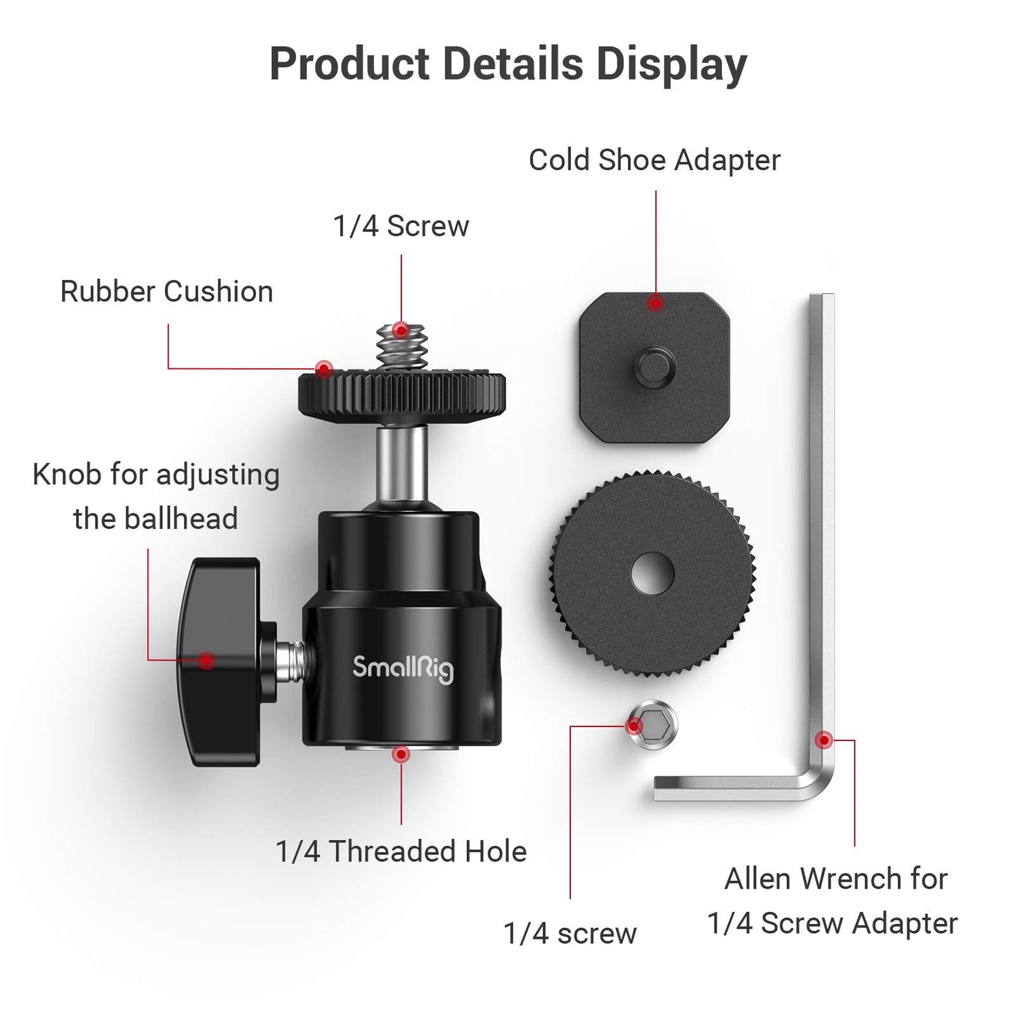 SmallRig 1/4" Camera Hot Shoe Mount, Ballhead Tripod with Additional 1/4" Screw, 2pcs Pack - 2059