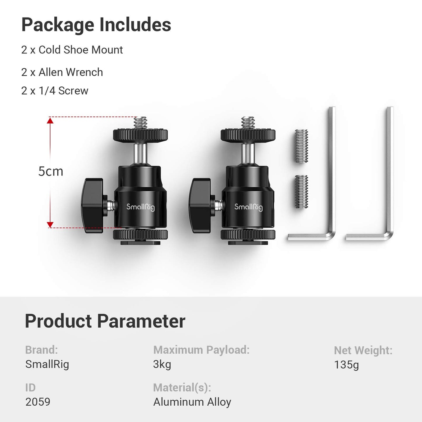 SmallRig 1/4" Camera Hot Shoe Mount, Ballhead Tripod with Additional 1/4" Screw, 2pcs Pack - 2059