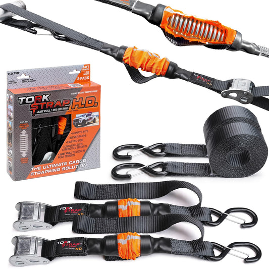 TorkStrap 14' x 1.5'' Self Tensioning Tie Down Straps (2-PK) - Automatically Adapt to Load Shifts - 2,250LB Break Strength - Grip Support Store