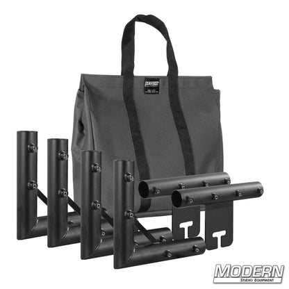 Black metal studio equipment stand with carrying bag on a white background