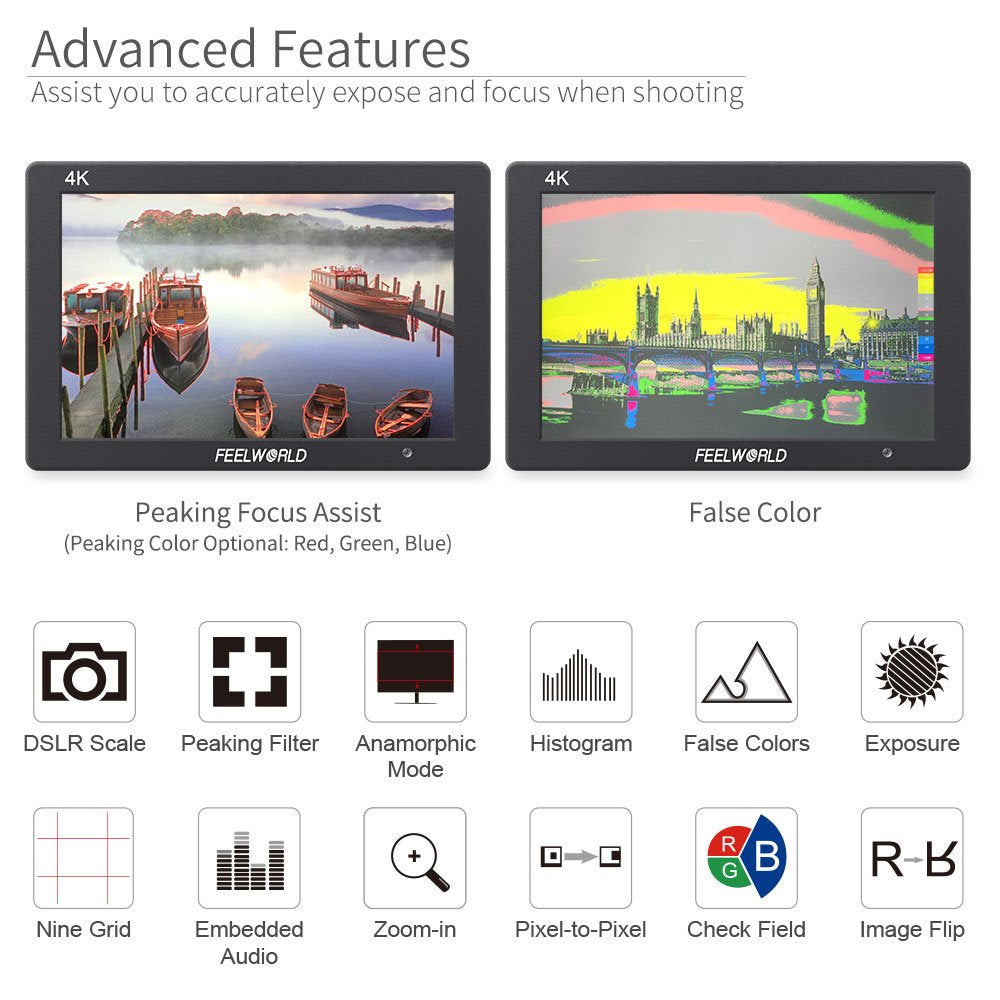 7" - 4K Camera Field Monitor Video Assist Full HD - T7 Plus FEELWORLD - Grip Support Store
