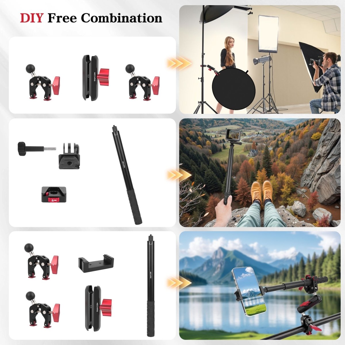 Mechrig Adjustable Camera Mount with 5-Section Pole and Four Super Clamps - Grip Support Store