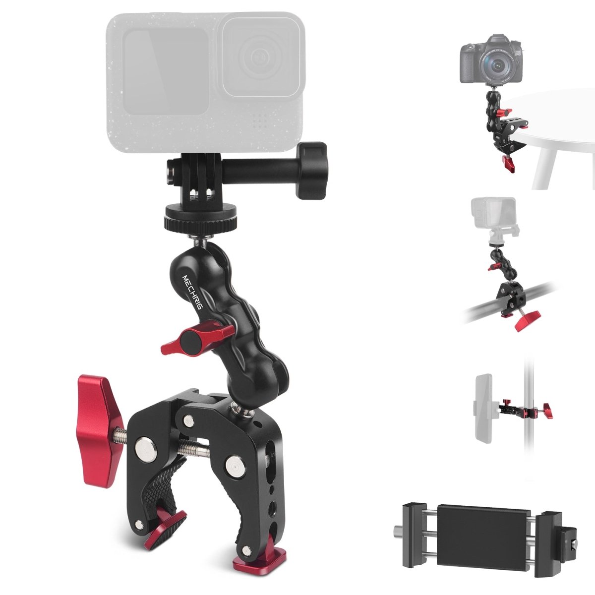 Mechrig Dual Ball Magic Arm Super Clamp Mount with GoPro Adapter & Phone Clamp - Grip Support Store