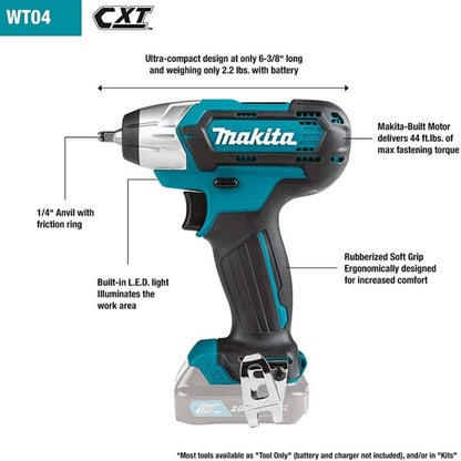 Makita WT04R1 12V max CXT Lithium-Ion Cordless 1/4" Impact Wrench Kit (2.0Ah) - Grip Support Store