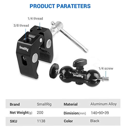 SMALLRIG Cool Ballhead Arm Super Clamp Mount Multi-Function Double Ball Adapter with Bottom Clamp - Grip Support Store