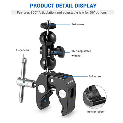 SMALLRIG Cool Ballhead Arm Super Clamp Mount Multi-Function Double Ball Adapter with Bottom Clamp - Grip Support Store