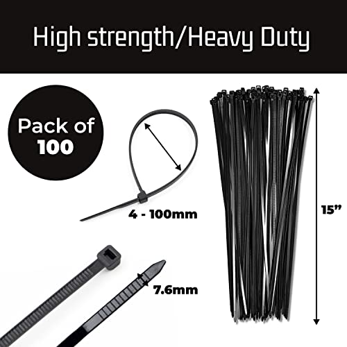 15" Black Zip Cable Ties (100 Pack), 120lbs Tensile Strength - Heavy Duty - Grip Support Store