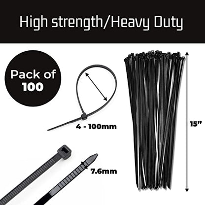 15" Black Zip Cable Ties (100 Pack), 120lbs Tensile Strength - Heavy Duty - Grip Support Store