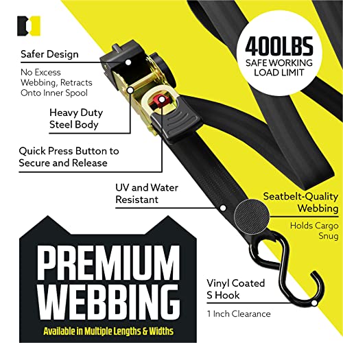 Auto Retractable Ratchet Straps 10' Long - Heavy Duty (2 pack) - Working Load Limit 500Lbs - Grip Support Store