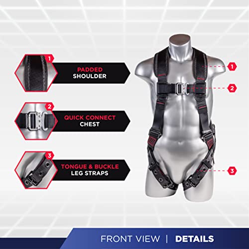 Fall Protection 5pt Safety Harness, 1D-Ring, Quick-Connect Buckle, Grommet Legs, Sewn in Back Pad I OSHA ANSI Compliant Personal Equipment (Black - Universal) - Grip Support Store